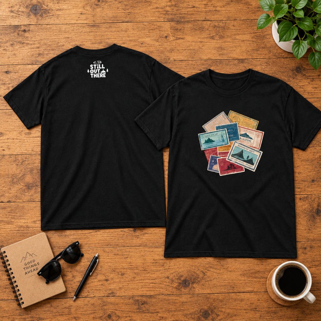Travel Stamps T-Shirt Wanderlust Adventure Graphic Tee - Still Out There