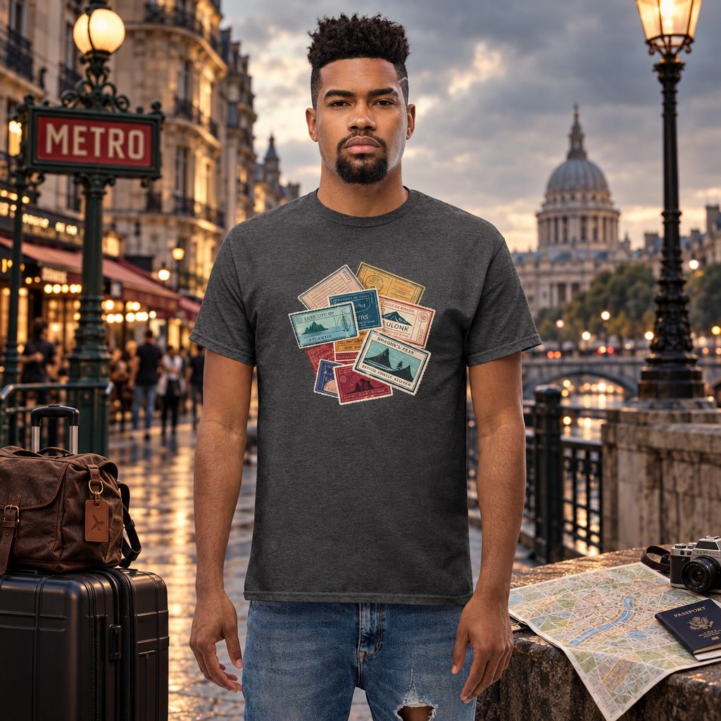 Travel Stamps T-Shirt Wanderlust Adventure Graphic Tee - Still Out There
