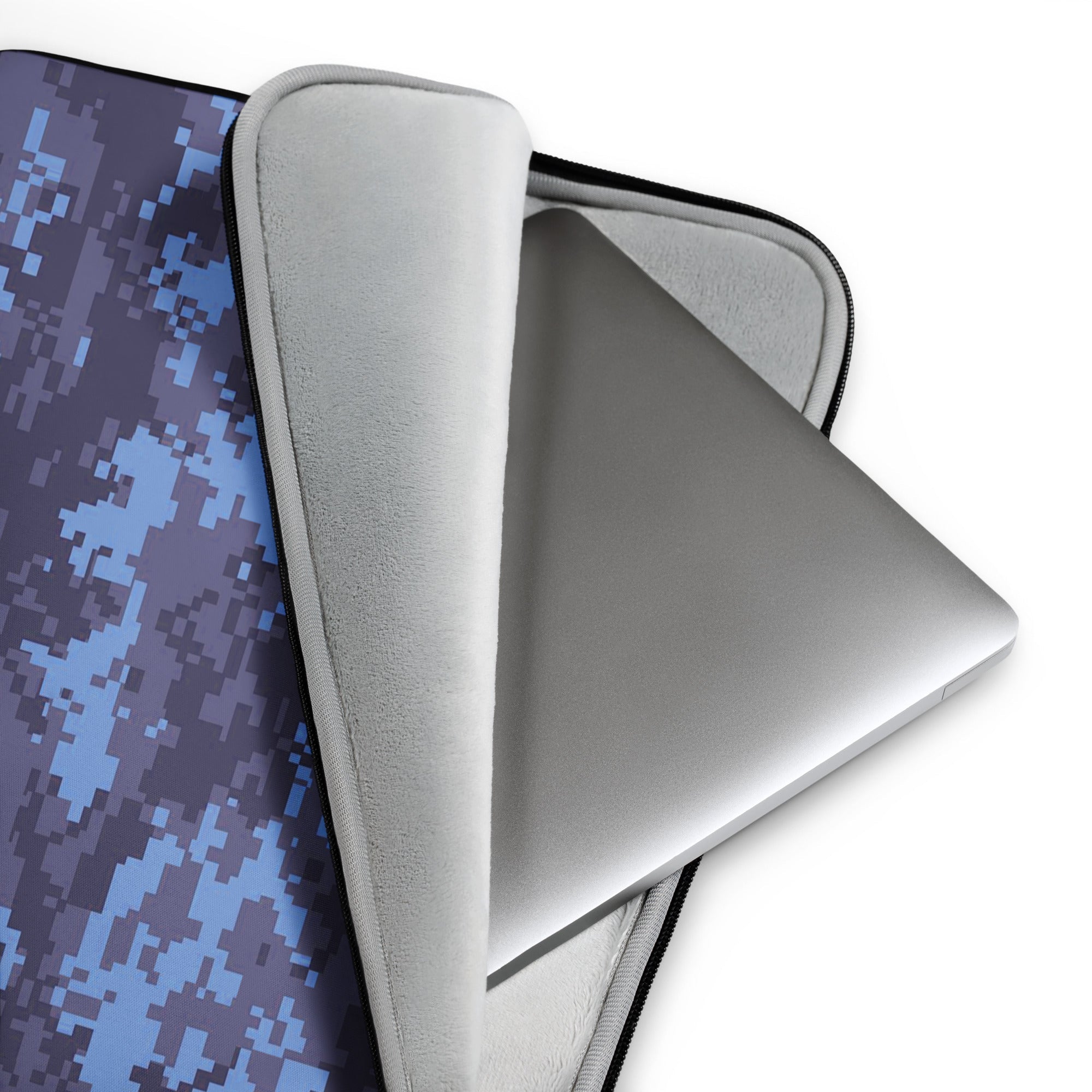 Laptop sleeve end view with gray interior padding and open zipper edge