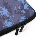 Digital camo laptop sleeve with black zipper and pull tab detail