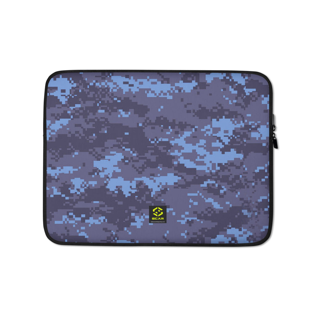 Laptop sleeve with digital army camo pattern and zip closure, logo patch