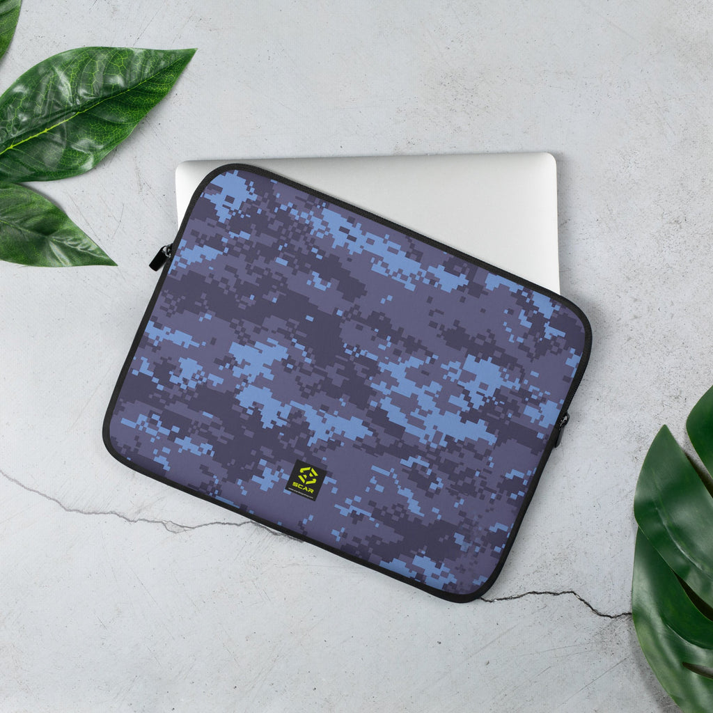 Laptop sleeve with blue and purple digital camo, zip closure, padded lining