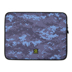 Laptop sleeve with digital camo pattern and centered logo patch, zip closure