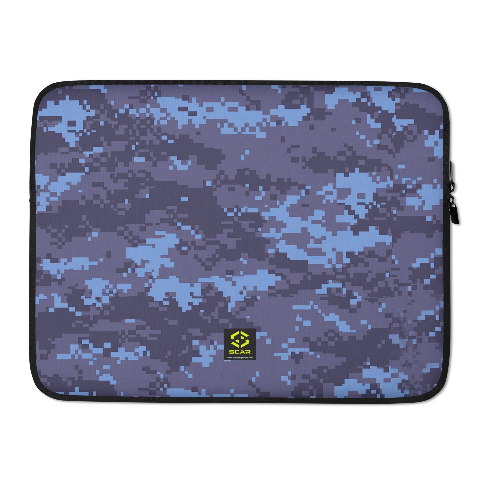 Laptop sleeve with digital camo pattern and centered logo patch, zip closure