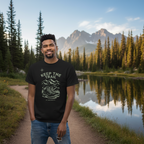 Man wearing a black t-shirt with 'Keep the Trail' design on a white background