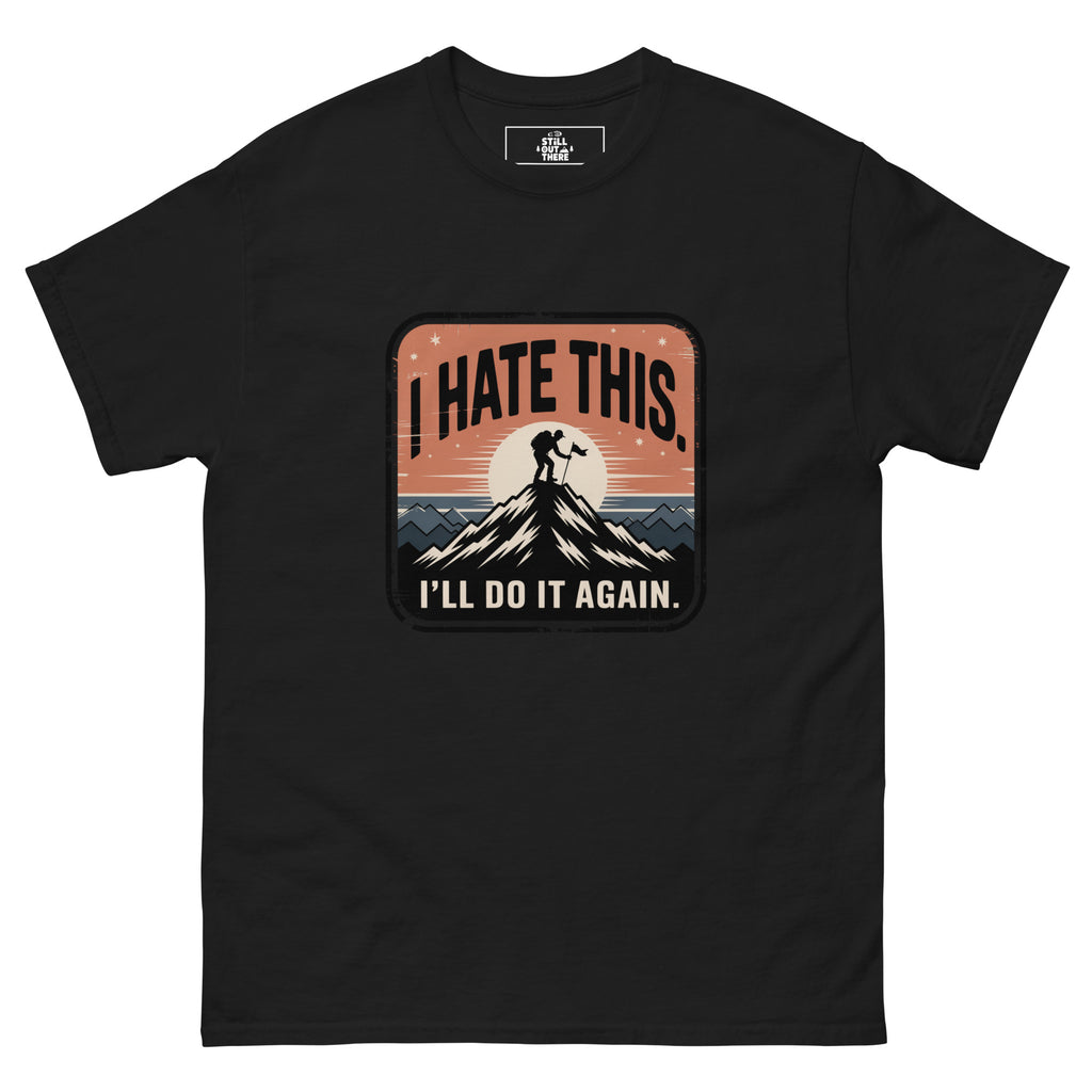 Black hiking t-shirt with mountain graphic and I’LL DO IT AGAIN slogan