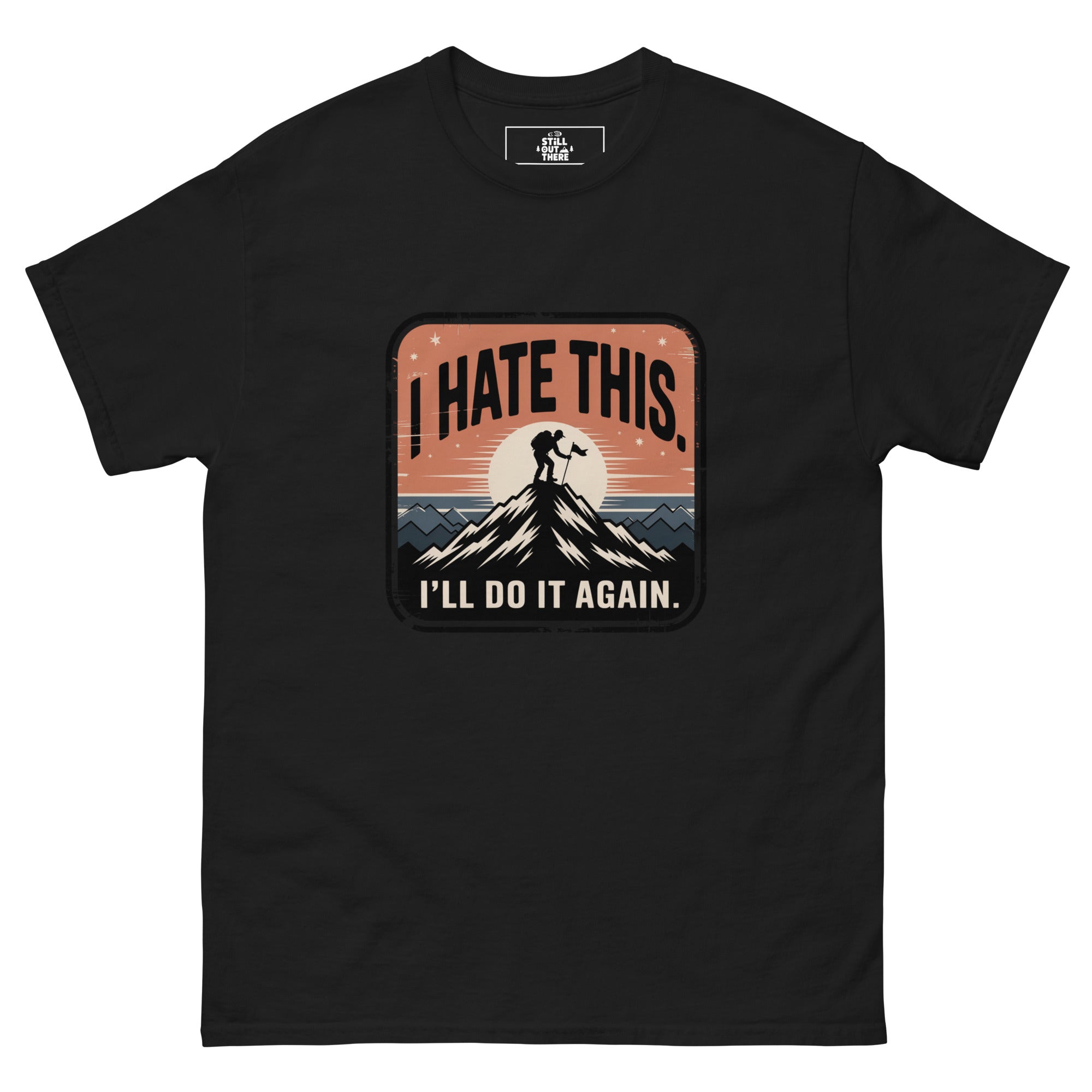 Black hiking t-shirt with mountain graphic and I’LL DO IT AGAIN slogan