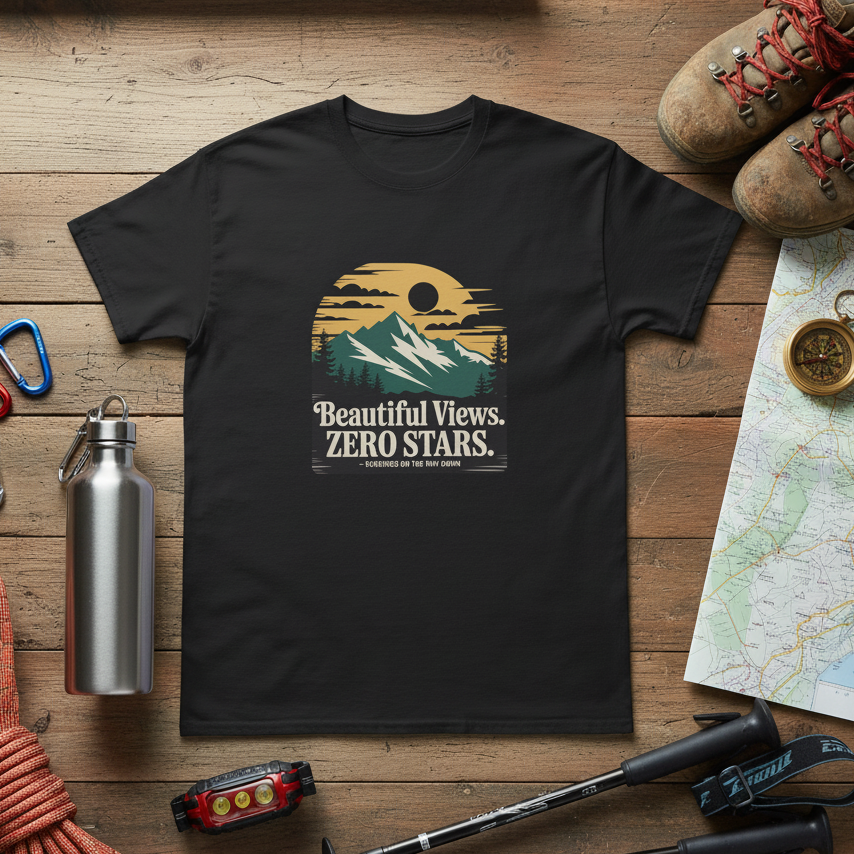 Charcoal hiking t-shirt with landscape graphic reading “Beautiful Views. ZERO STARS”.