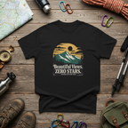 Black hiking t-shirt with landscape graphic reading “Beautiful Views. ZERO STARS”.