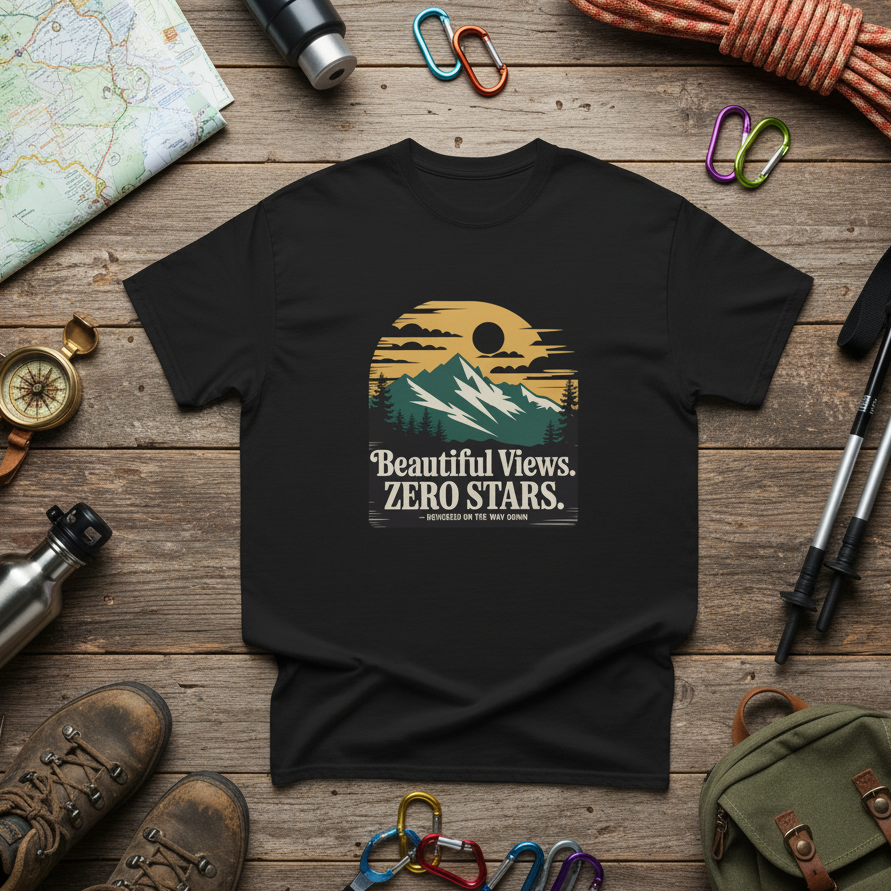 Black hiking t-shirt with landscape graphic reading “Beautiful Views. ZERO STARS”.