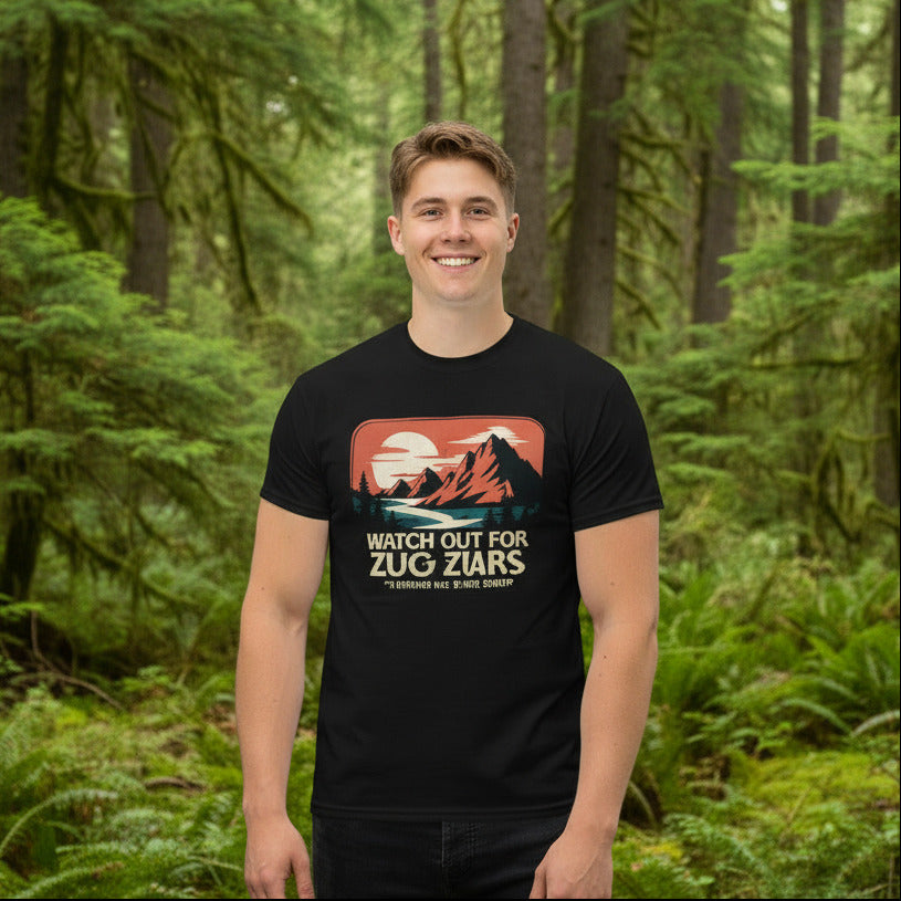 Black hiking T-shirt with mountain graphic and “Watch Out for Zug Zars” text print.