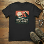 Hiking graphic T-shirt in black with “Beautiful Views, Zero Stars” square logo print