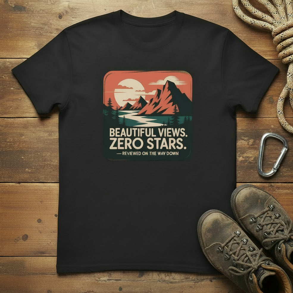Hiking graphic T-shirt in black with “Beautiful Views, Zero Stars” square logo print