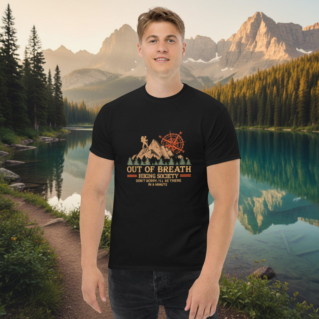 Funny hiking T-shirt, black, crew neck, centered compass and mountain graphic