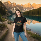 Black crew-neck hiking T-shirt with “Out of Breath” society graphic on front
