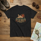 Funny hiking T-shirt, black, crew neck, front compass and mountain graphic