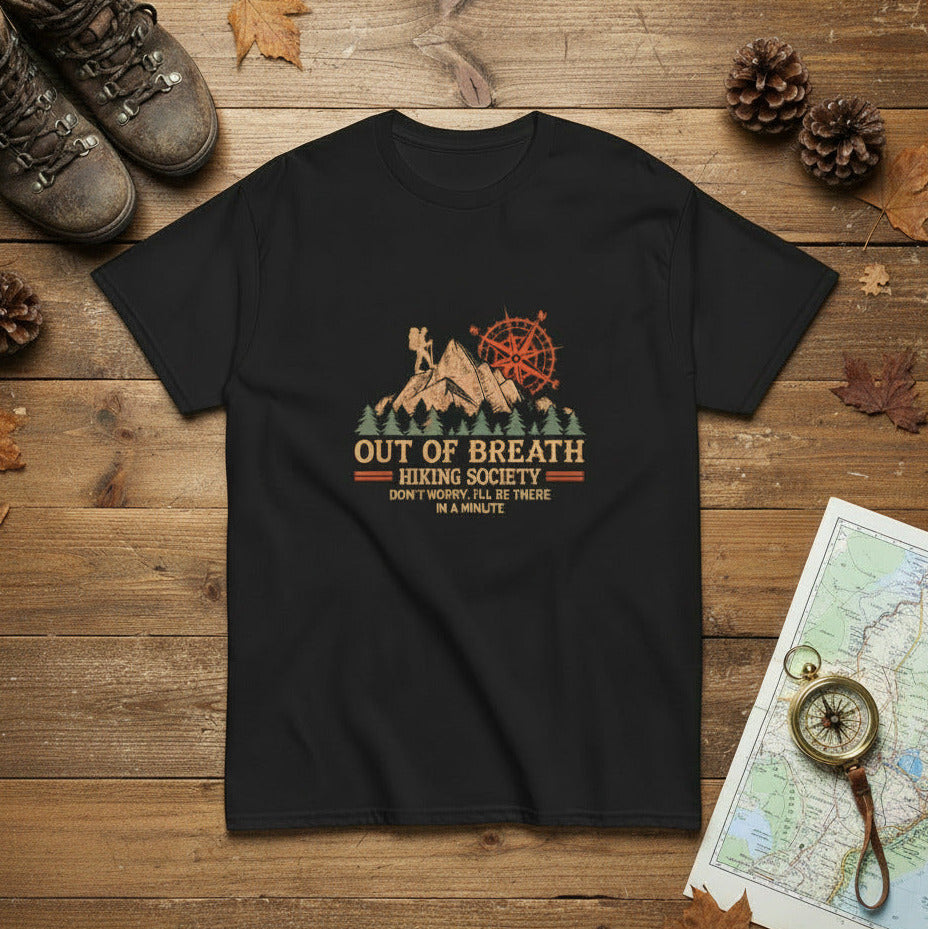 Funny hiking T-shirt, black, crew neck, front compass and mountain graphic