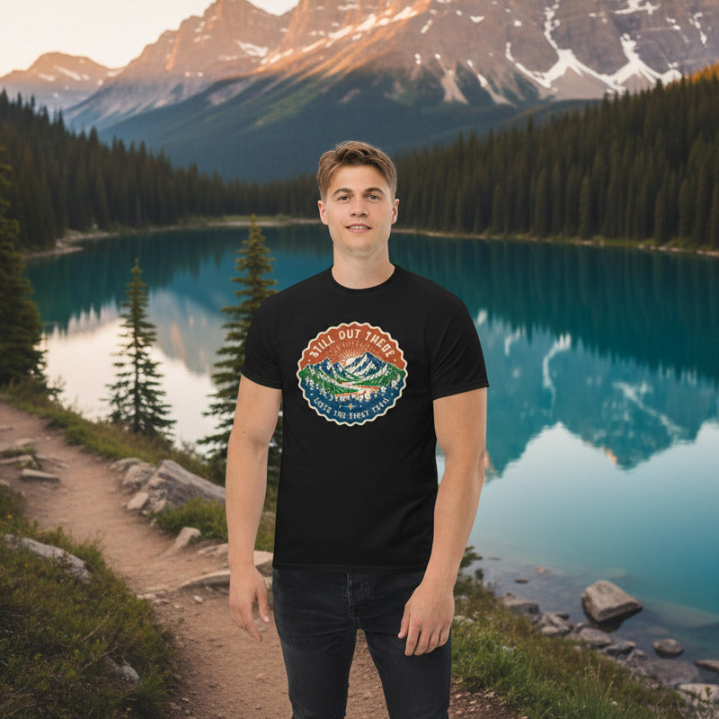 Black T-shirt with circular trail badge graphic on the chest.