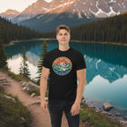 Black T-shirt with circular trail badge graphic on the chest.