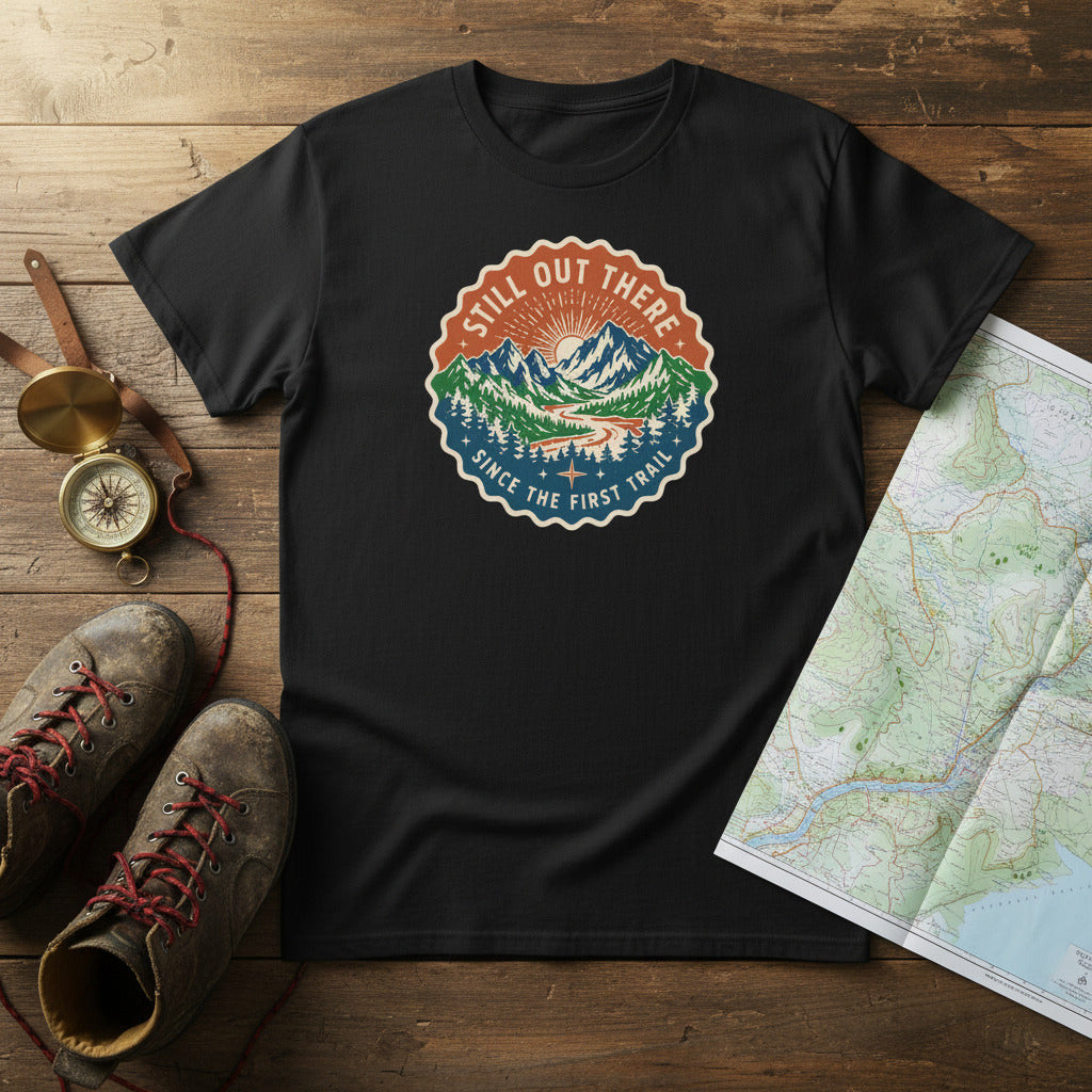 Black hiking t-shirt with circular trail badge graphic at center chest.