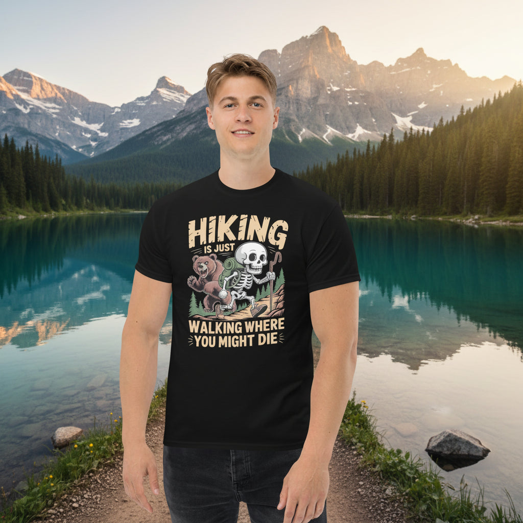 Black hiking T-shirt worn by model, with skull-and-forest front graphic and text