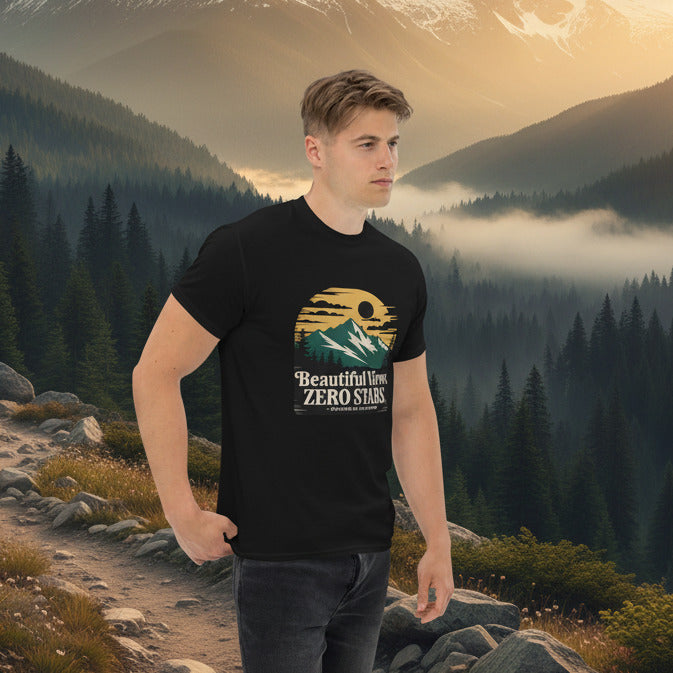 Black hiking t-shirt with “Beautiful Views. ZERO STARS” landscape chest graphic.