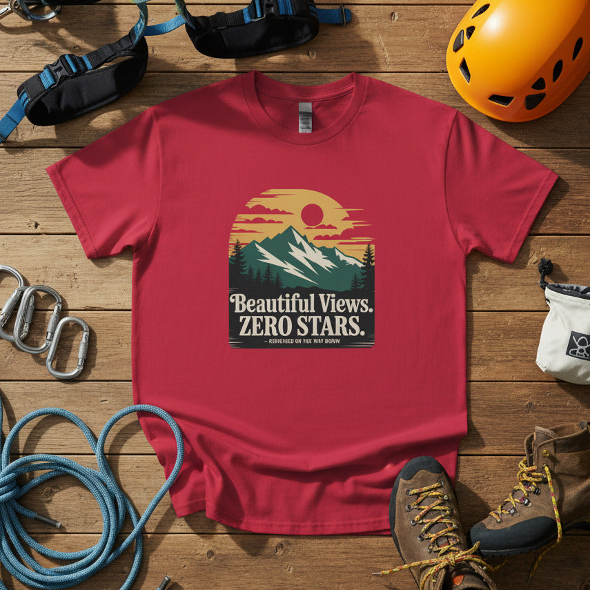 Cardinal red hiking t-shirt with landscape graphic reading “Beautiful Views. ZERO STARS”.