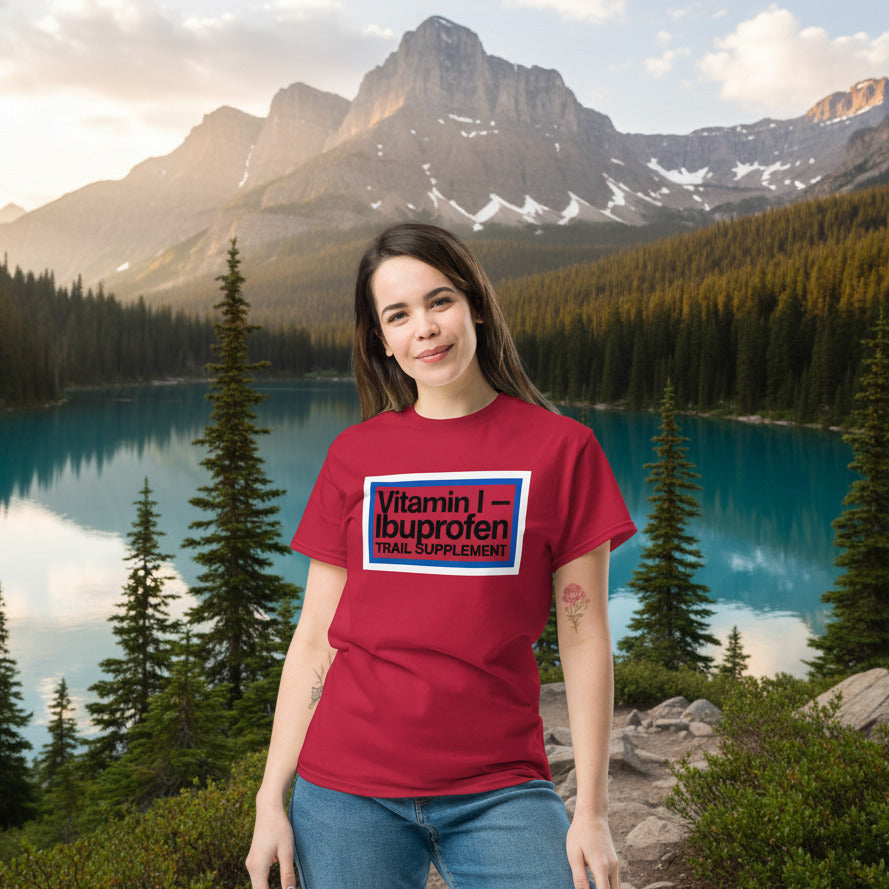 Cardinal red Ibuprofen trail supplement T-shirt with rectangular logo front print