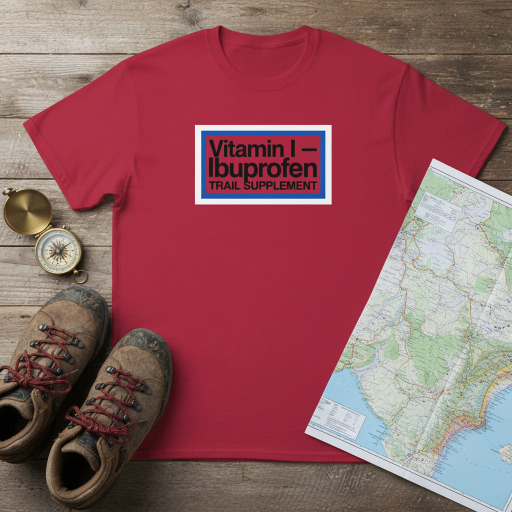 Cardinal red hiking T-shirt with front 'Vitamin I–Ibuprofen' trail supplement logo