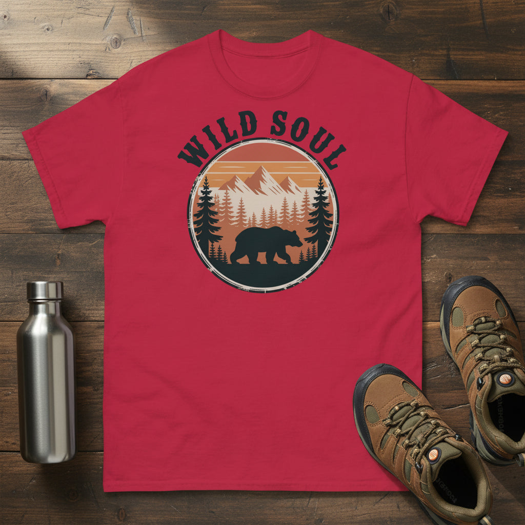 Cardinal red bear camping T-shirt with round forest bear logo and 'WILD SOUL'