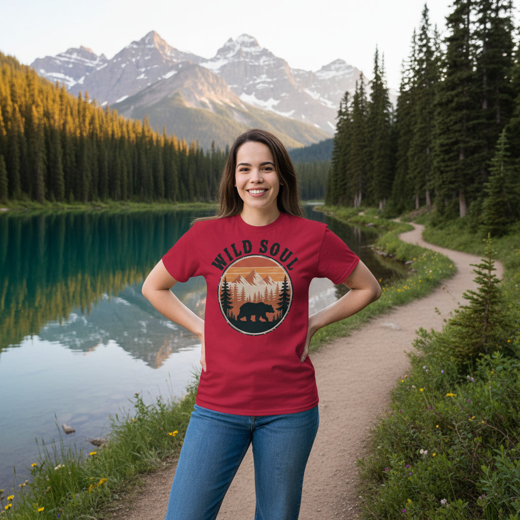 Cardinal red bear camping T-shirt with round forest bear logo and 'WILD SOUL'
