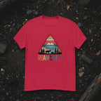 Red graphic tee with triangle “Roam the Wild” landscape print on front