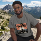 Gray hiking t-shirt with mountain graphic and I’LL DO IT AGAIN slogan
