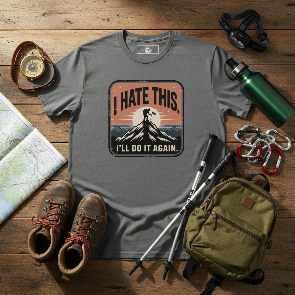 Gray hiking T-shirt with chest logo patch featuring mountain silhouette and text.