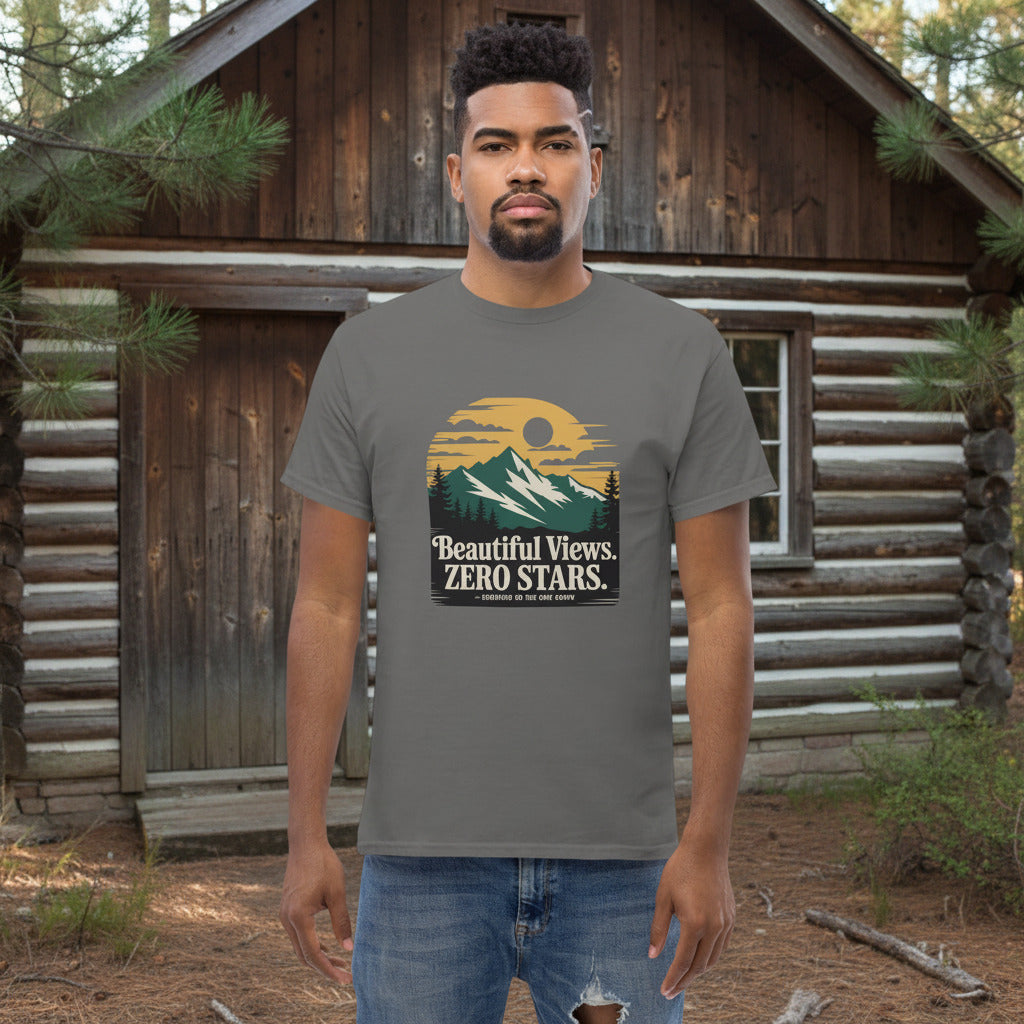 Hiking t-shirt in dark gray with front mountain graphic and text