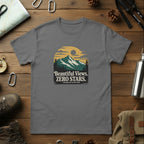 Gray hiking t-shirt with landscape graphic reading “Beautiful Views. ZERO STARS”.