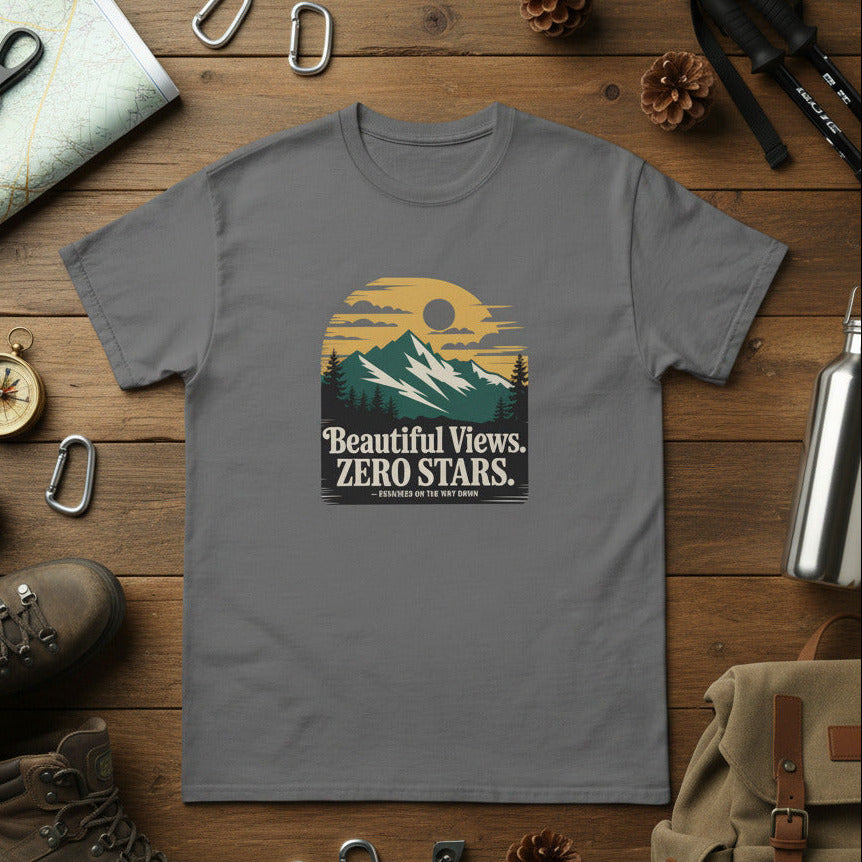 Gray hiking t-shirt with landscape graphic reading “Beautiful Views. ZERO STARS”.