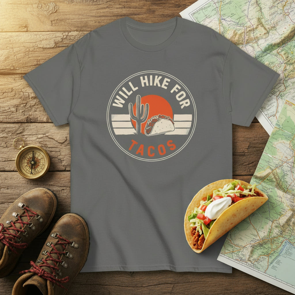 Gray hiking T-shirt with circular cactus and tacos graphic on front