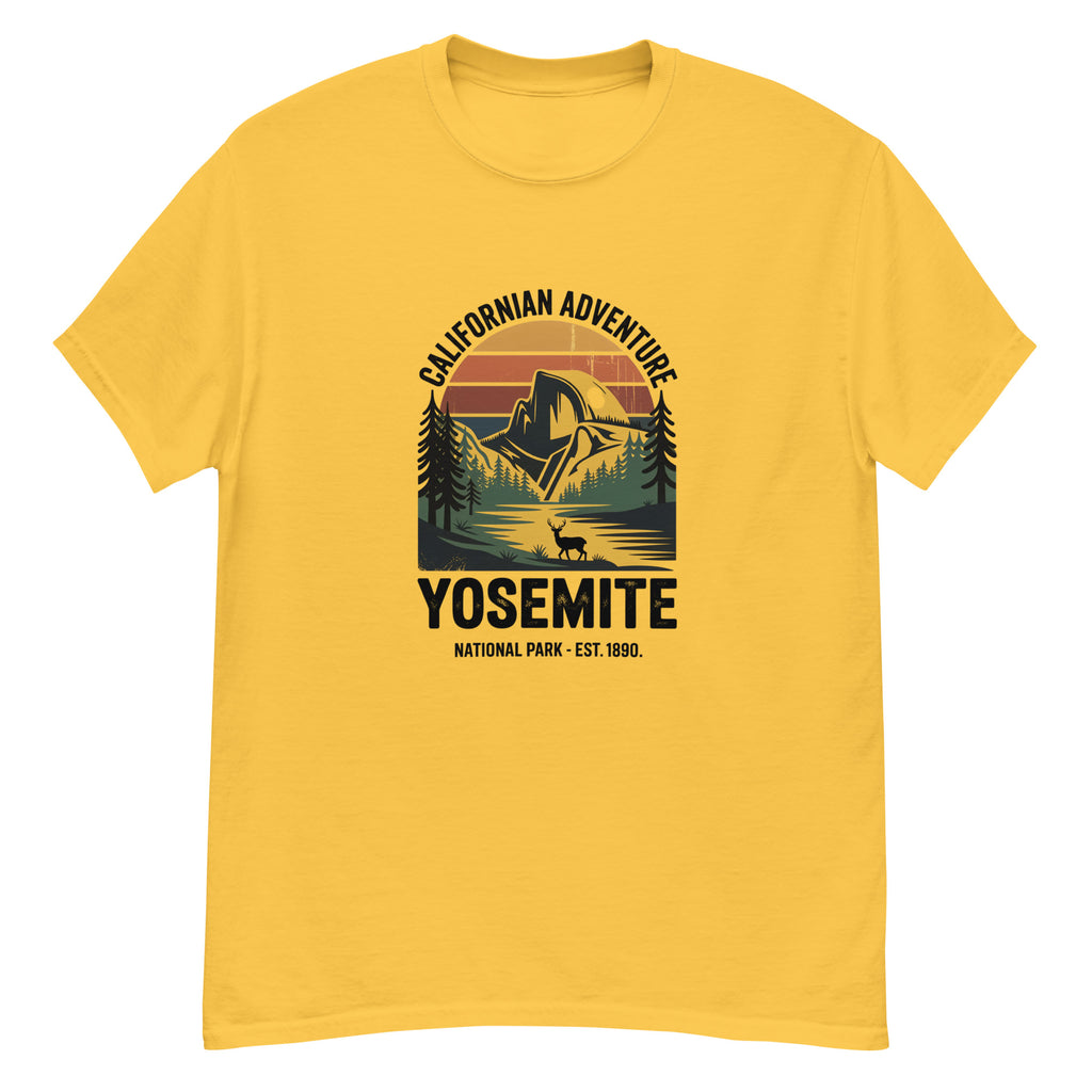 Hiking t-shirt, yellow, front Yosemite national park graphic