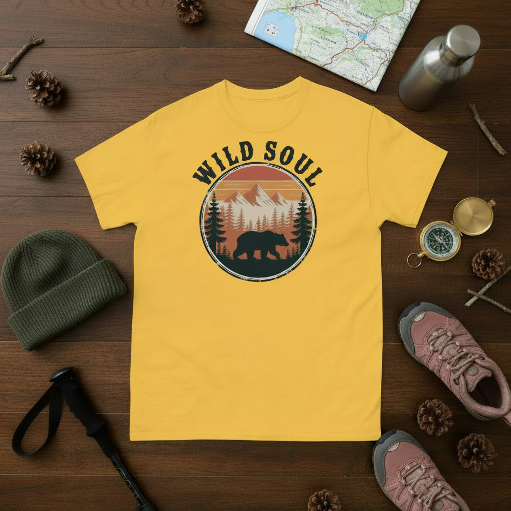 Daisy yellow bear camping T-shirt with round forest bear logo and 'WILD SOUL'