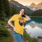 Wild Soul camping T-shirt, yellow with circular bear and forest graphic