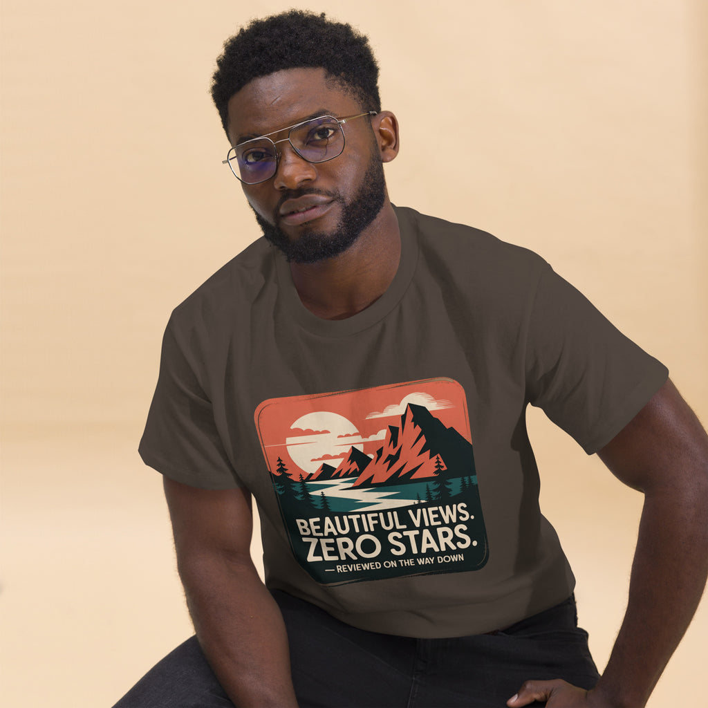 Dark brown hiking T-shirt with mountain graphic and “Beautiful Views. Zero Stars” print.