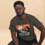 Dark brown hiking T-shirt with mountain graphic and “Beautiful Views. Zero Stars” print.