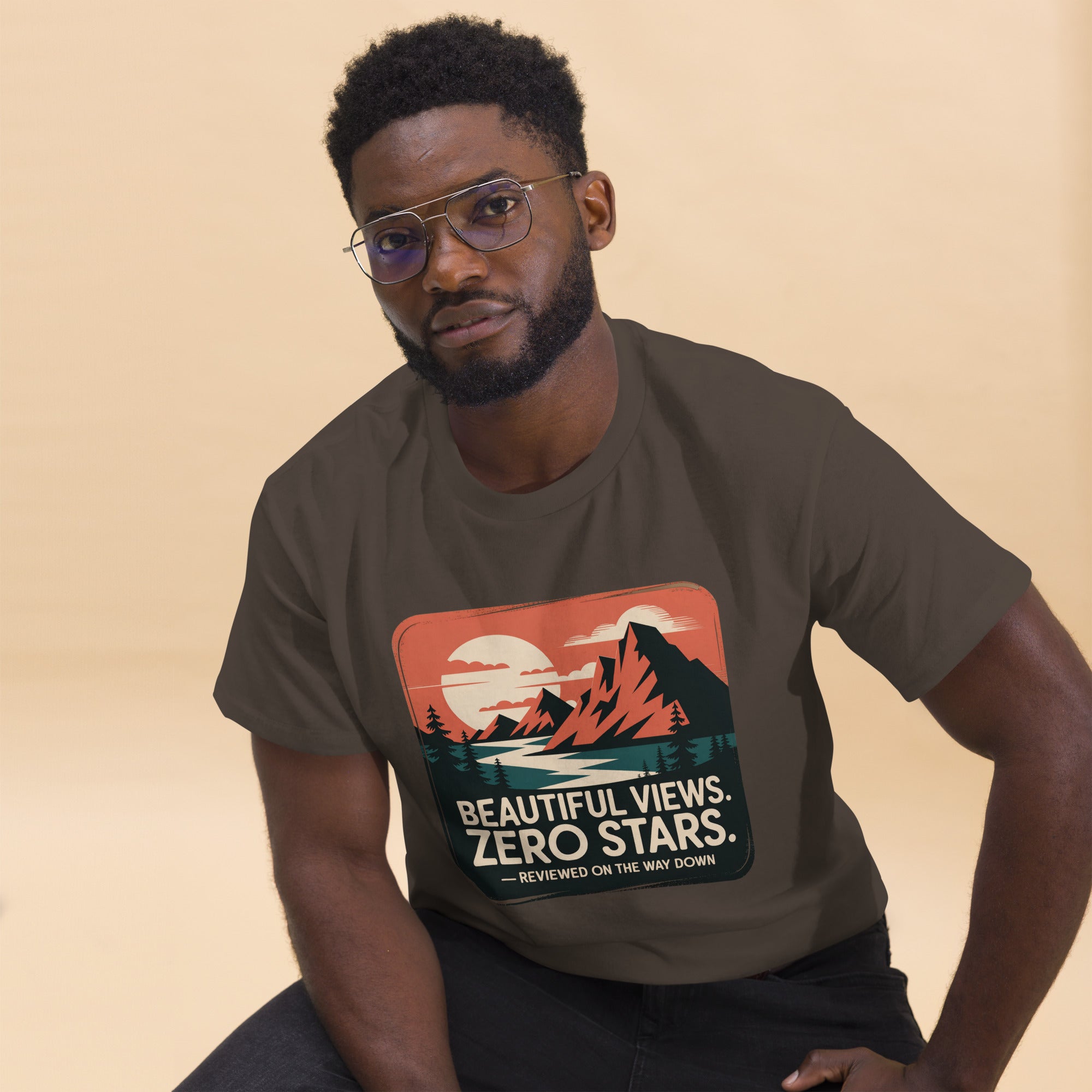Dark brown hiking T-shirt with mountain graphic and “Beautiful Views. Zero Stars” print.