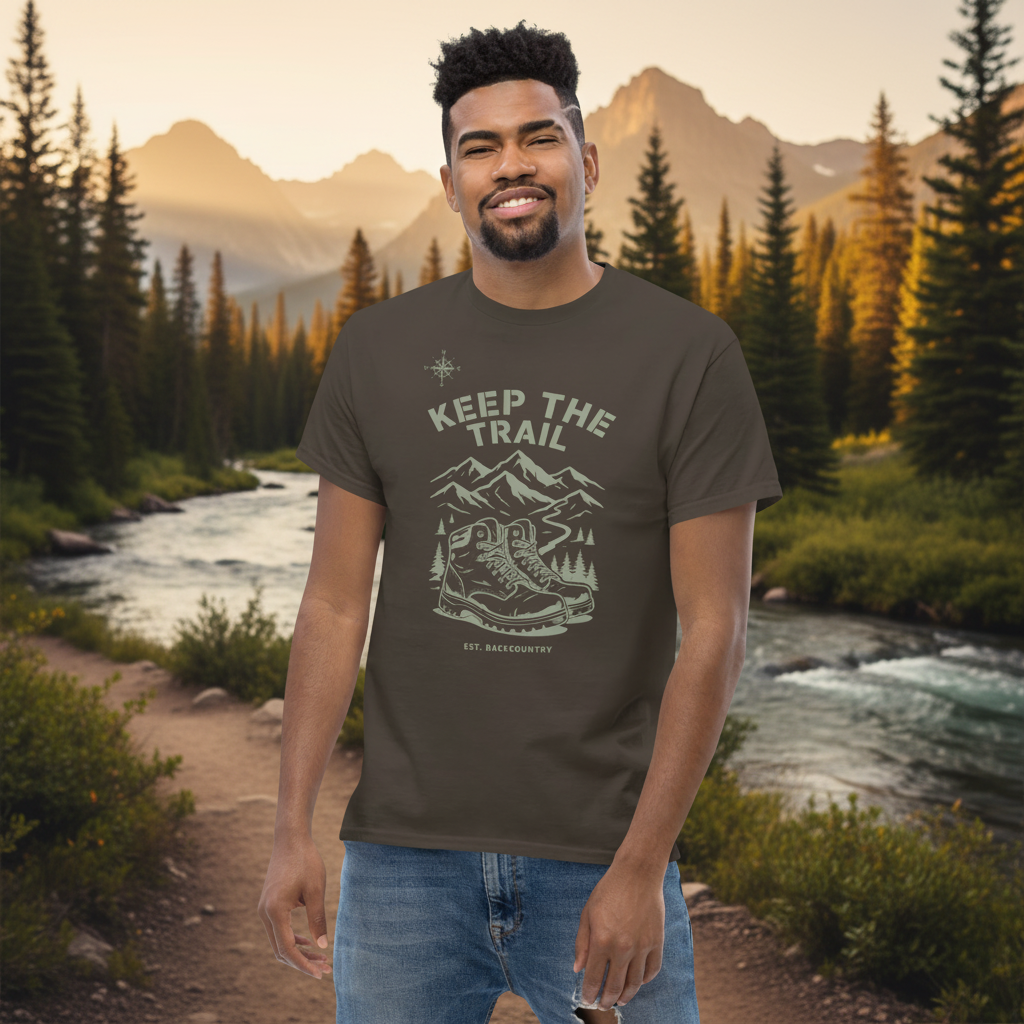 Man wearing a brown t-shirt with 'Keep the Trail' graphic design on a white background