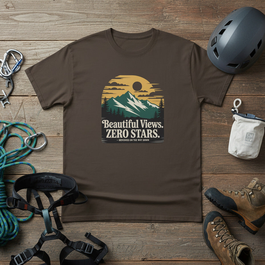 Dark brown hiking t-shirt with landscape graphic reading “Beautiful Views. ZERO STARS”.