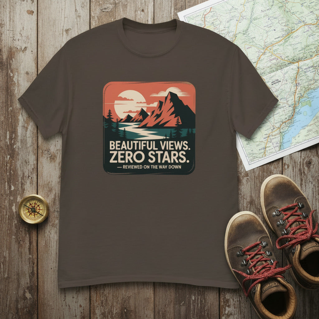 Hiking graphic T-shirt in dark brown with “Beautiful Views, Zero Stars” square design