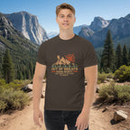 Funny hiking T-shirt, dark brown, crew neck, front compass and mountain graphic