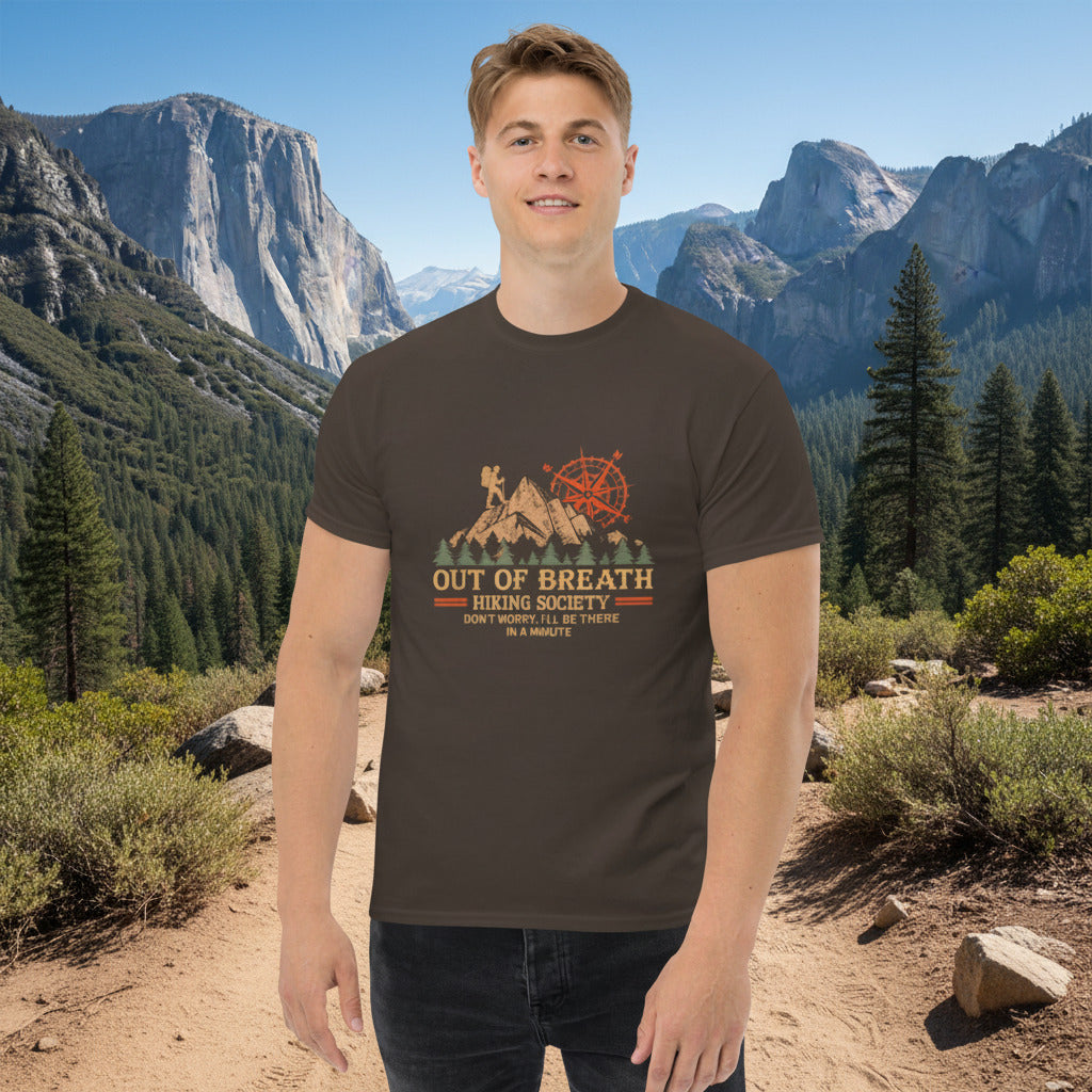 Funny hiking T-shirt, dark brown, crew neck, front compass and mountain graphic