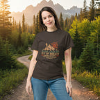 Dark brown crew-neck hiking T-shirt with “Out of Breath” society graphic on front
